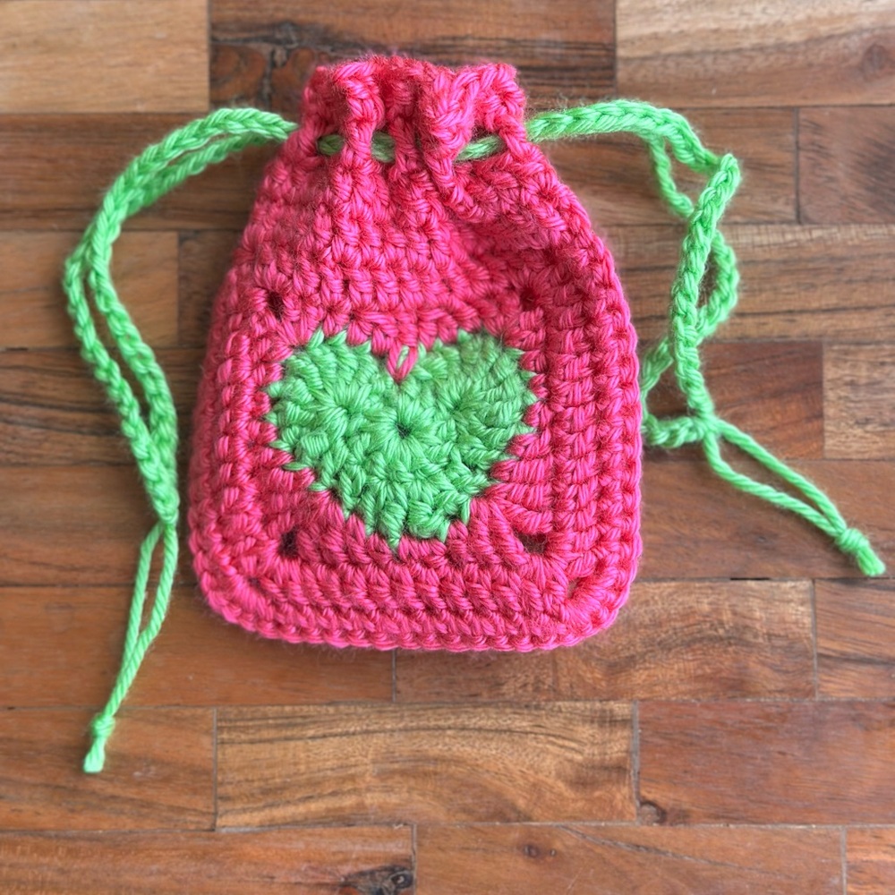 Handmade Crochet Pouch with Heart Design (Pink and Green) - Picture 2 of 8